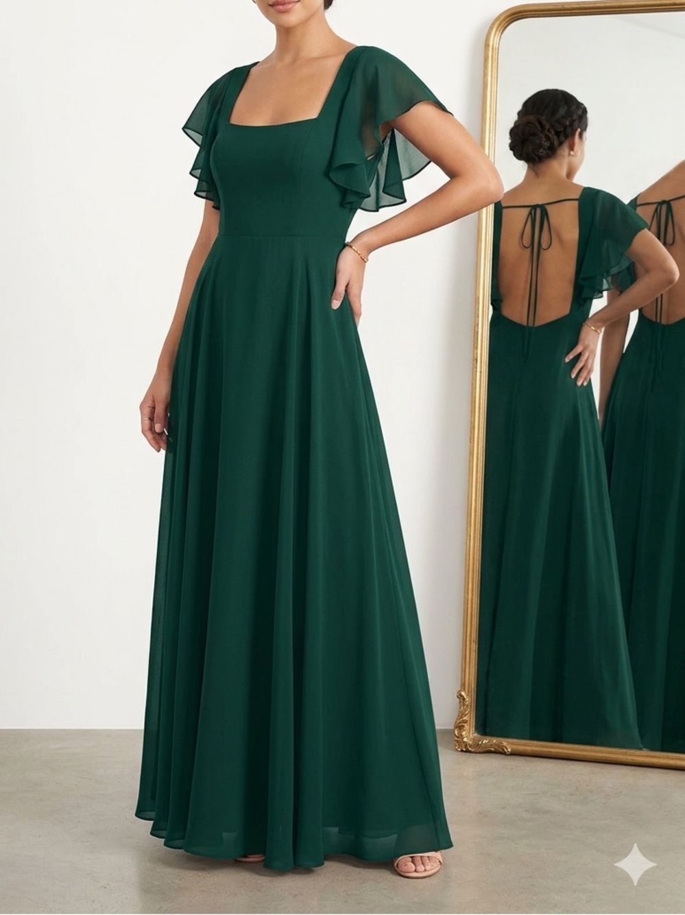 JJs House Emerald Green Ruffle-Sleeve Maxi Dress